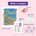 Thumbnail for What is included in the Seaside Relaxation With Dog diamond painting kit - adhesive canvas, reference sheet, tools and numbered drill bags