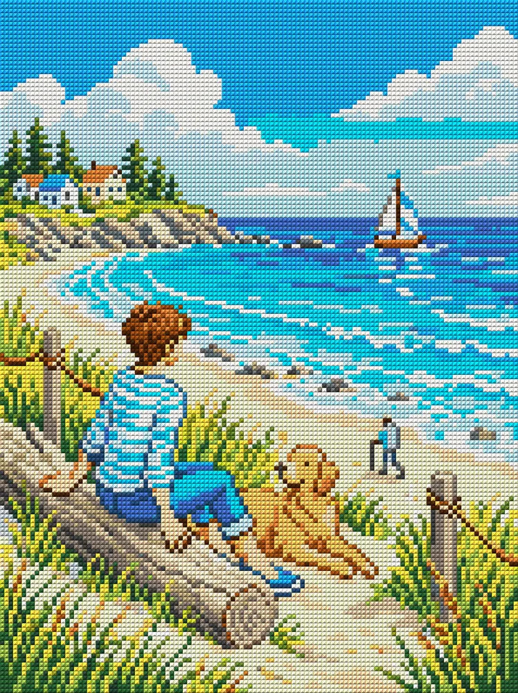 Seaside Relaxation With Dog, 30x40 cm diamond painting – full design preview without the close-up inset