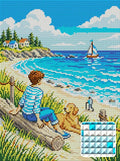 Thumbnail for Seaside Relaxation With Dog, 30x40 cm diamond painting – finished design preview with a close-up of square drills