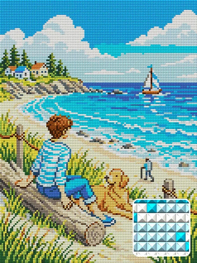 Seaside Relaxation With Dog, 30x40 cm diamond painting – finished design preview with a close-up of square drills