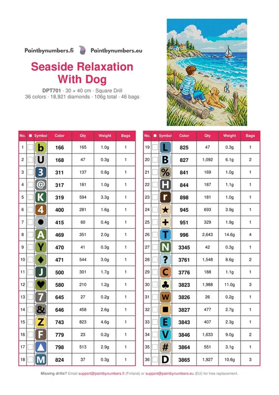 DMC color chart for Seaside Relaxation With Dog diamond painting - 36 colors