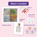 Thumbnail for Seasons of a Tree 50x50cm diamond painting kit contents: adhesive canvas, color chart, tools and diamond bags