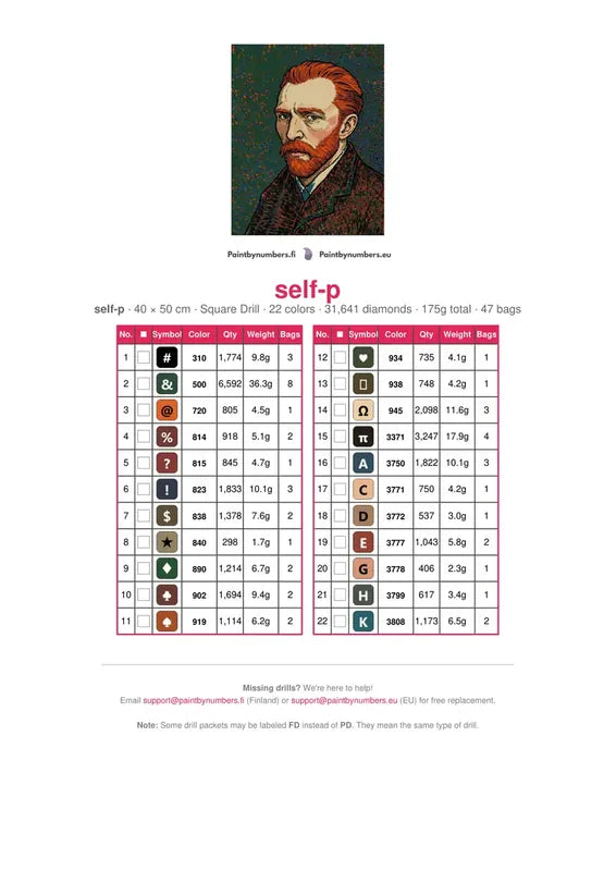 DMC color chart for Self Portrait 1889 diamond painting - 22 colors