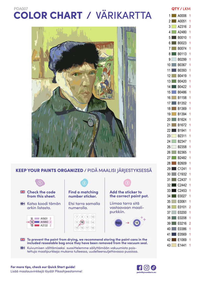 Color chart and instructions - Self Portrait with Bandaged Ear 40x50cm