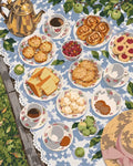 Thumbnail for Paint by numbers of a coffee table under an apple tree with buns, cookies, cups and a coffee pot on lace.