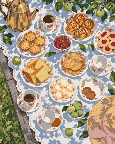 Paint by numbers of a coffee table under an apple tree with buns, cookies, cups and a coffee pot on lace.