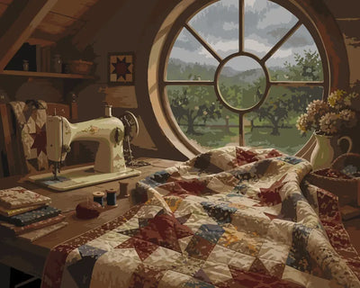 Sewing machine and quilt in attic room paint by numbers