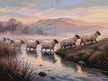 Thumbnail for Sheep crossing a stream paint by numbers, rolling hills and sunset sky in background.