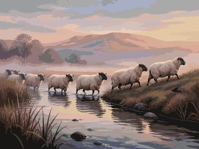 Sheep crossing a stream paint by numbers, rolling hills and sunset sky in background.
