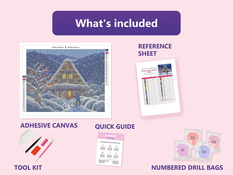 What is included in the Shirakawa-go, Clearing Snow diamond painting kit - adhesive canvas, reference sheet, tools and numbered drill bags