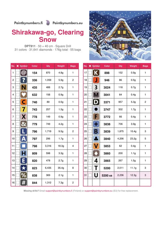 DMC color chart for Shirakawa-go, Clearing Snow diamond painting - 31 colors