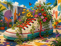 Thumbnail for Diamond Painting of an old sneaker filled with flowers, tomatoes and butterflies in a colorful courtyard.