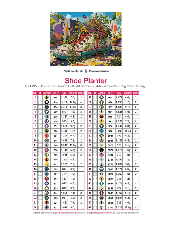 DMC color chart for Shoe Planter diamond painting - 48 colors