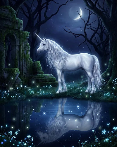 Diamond painting featuring a decorative owl on a moonlit night with a colorful forest background.