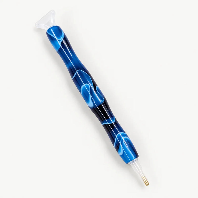 Blue and dark patterned resin diamond painting pen with a plastic tip at each end.