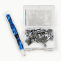 Blue resin diamond painting pen with two plastic tips and silver metal tips in an open case.