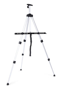 Thumbnail for Kevyt alumiininen maalausteline kolmijalka – säädettävät teleskooppijalat, musta telinelevy ja hihna, tuotekuva valkoisella taustalla.