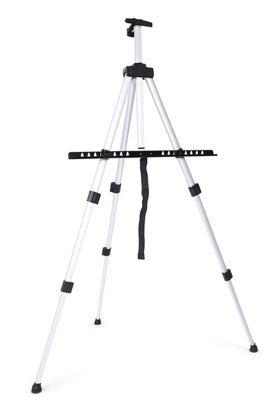 Lightweight aluminum easel tripod – adjustable telescopic legs, black support plate and strap, product image on a white background.