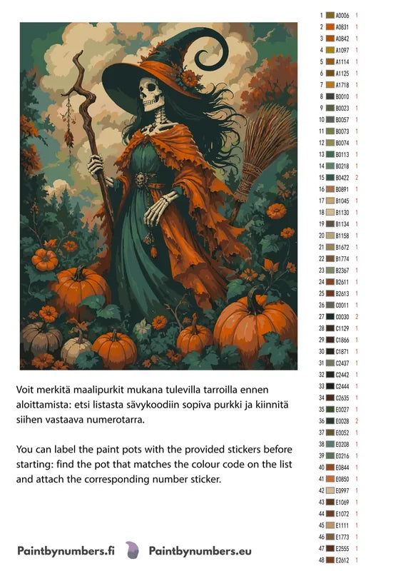 Paint color chart and instructions - Skeleton Witch with Pumpkins 40x50cm