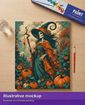 Thumbnail for Finished paint by numbers mockup - Skeleton Witch with Pumpkins 40x50cm