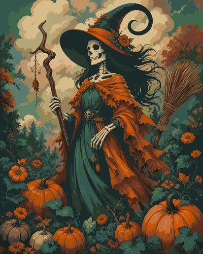 Skeleton witch with pumpkins and flowers paint by numbers.