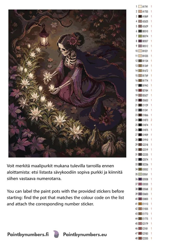 Paint color chart and instructions - Skeleton Woman with Flowers 40x50cm