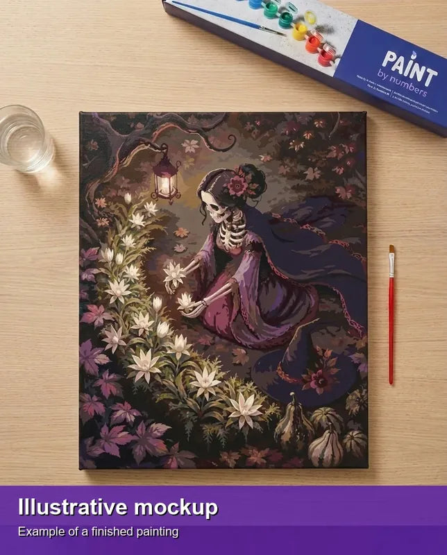 Finished paint by numbers mockup - Skeleton Woman with Flowers 40x50cm