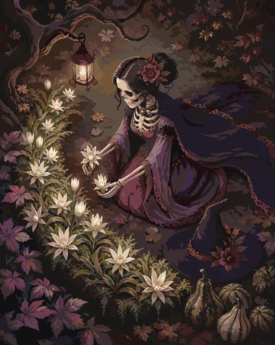 Skeleton woman with flowers paint by numbers. Autumn garden, lantern, pumpkins, witch hat.