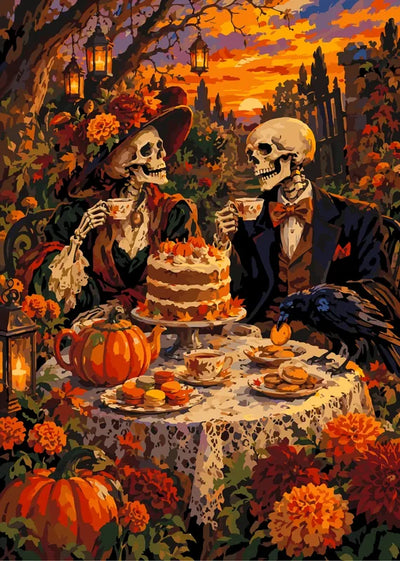 Skeleton couple at tea party in autumn garden paint by numbers.