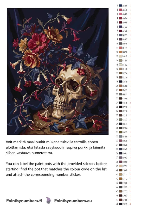Paint color chart and instructions - Skull with Flowers 40x50cm