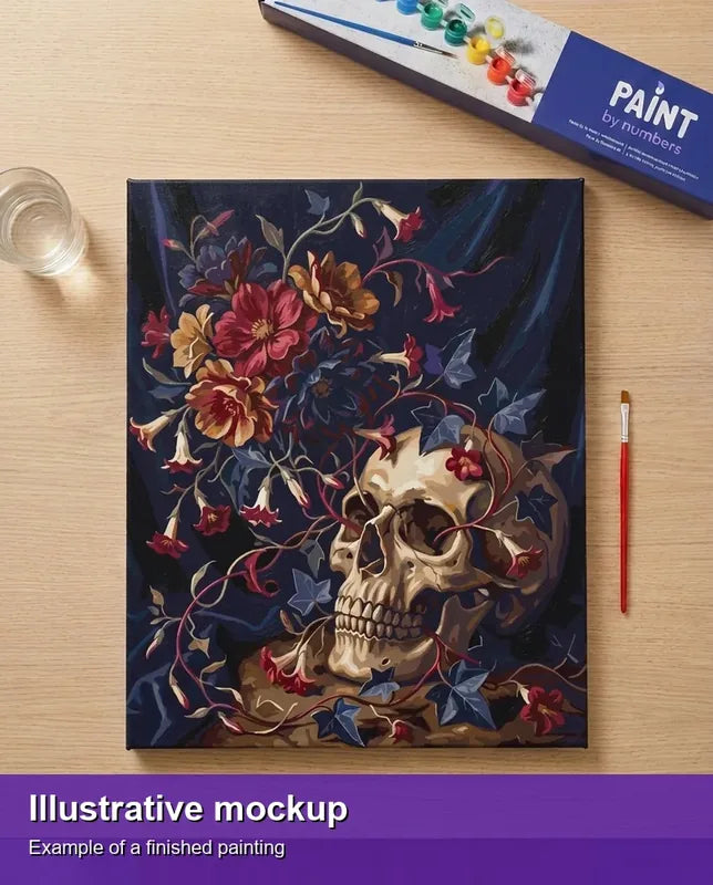 Finished paint by numbers mockup - Skull with Flowers 40x50cm