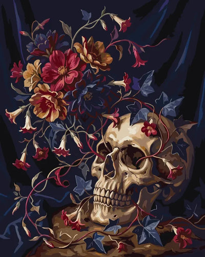 Skull and colorful flowers paint by numbers kit on a dark background.