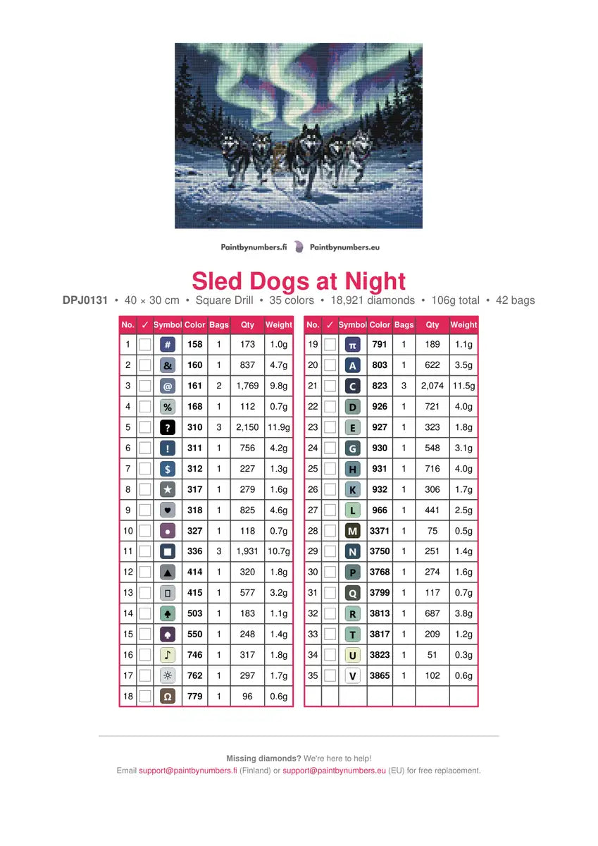 Sled Dogs at Night diamond painting color chart – 35 DMC colors
