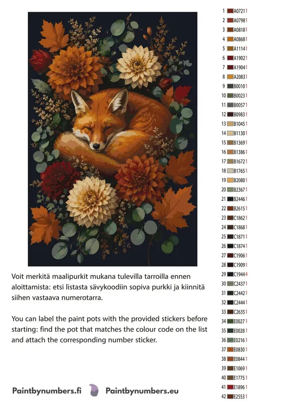 Paint color chart and instructions - Sleeping Fox and Flowers 40x60cm