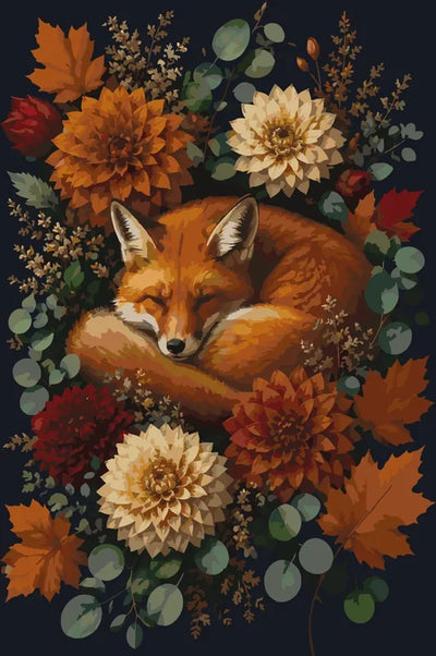 Sleeping fox surrounded by autumn flowers paint by numbers