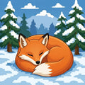Thumbnail for Diamond Painting with an orange fox sleeping in a snowy forest, pine trees in the background.