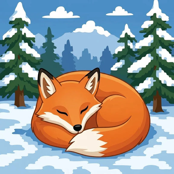 Diamond Painting with an orange fox sleeping in a snowy forest, pine trees in the background.