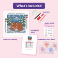 Thumbnail for Sleeping Fox 20x20cm diamond painting kit contents: adhesive canvas, color chart, tools and diamond bags