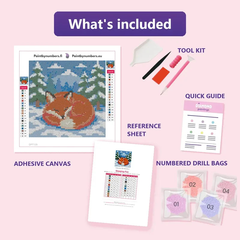 Sleeping Fox 20x20cm diamond painting kit contents: adhesive canvas, color chart, tools and diamond bags