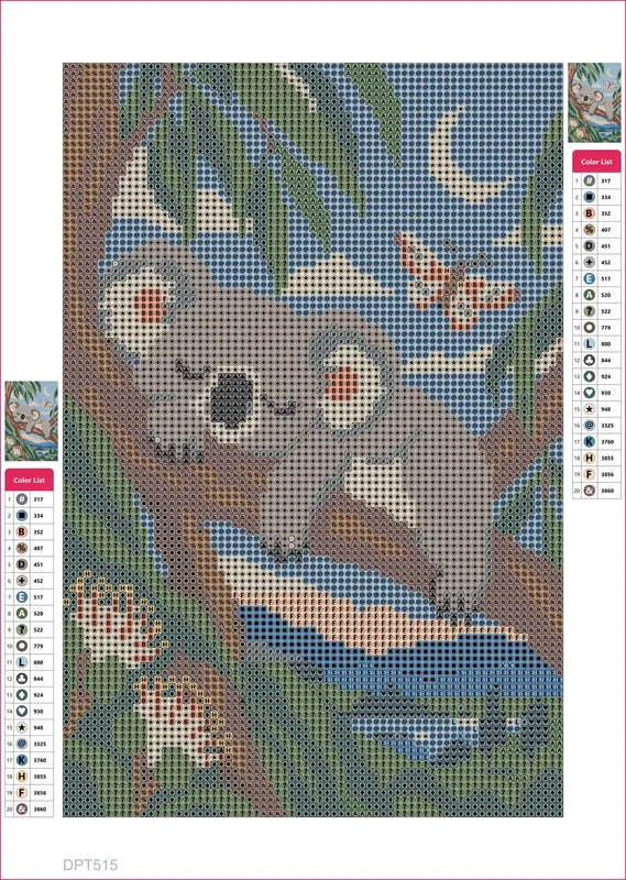 Diamond painting adhesive canvas preview - Sleeping Koala in Blue Leaves