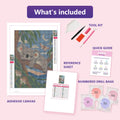 Thumbnail for What is included in the Sleeping Koala in Blue Leaves diamond painting kit - adhesive canvas, reference sheet, tools and numbered drill bags