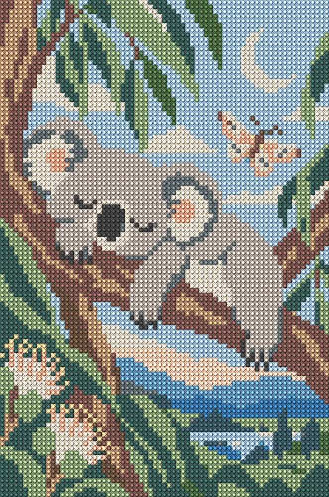 Sleeping Koala in Blue Leaves, 20x30 cm diamond painting – full design preview without the close-up inset