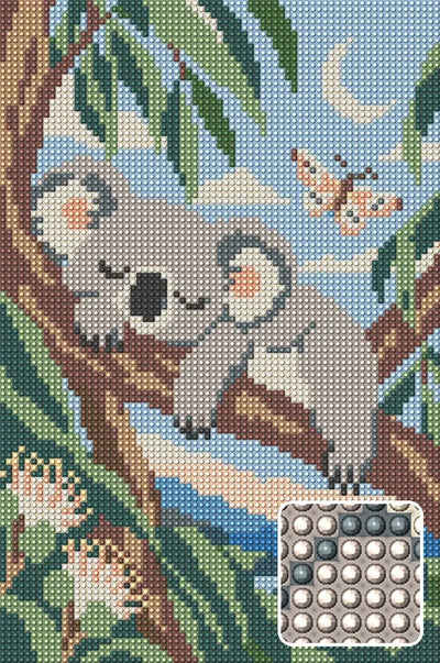 Sleeping Koala in Blue Leaves, 20x30 cm diamond painting – finished design preview with a close-up of round drills