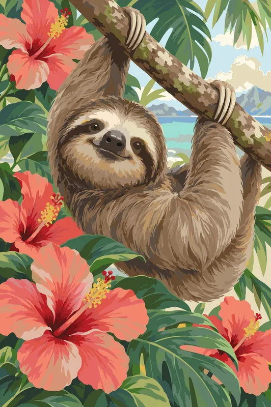 Sloth on branch with hibiscus flowers paint by numbers