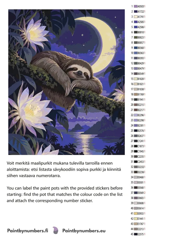 Paint color chart and instructions - Sloth on Tree at Night 40x50cm