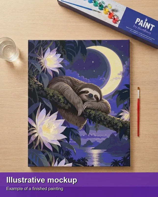 Finished paint by numbers mockup - Sloth on Tree at Night 40x50cm