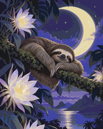 Sloth at night on tree, moon and flowers paint by numbers