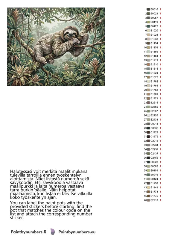 Paint color chart and instructions - Sloth on Tree Branch 50x40cm