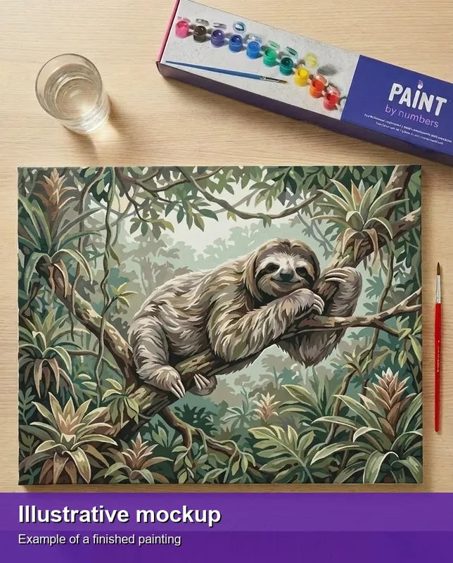 Finished paint by numbers mockup - Sloth on Tree Branch 50x40cm