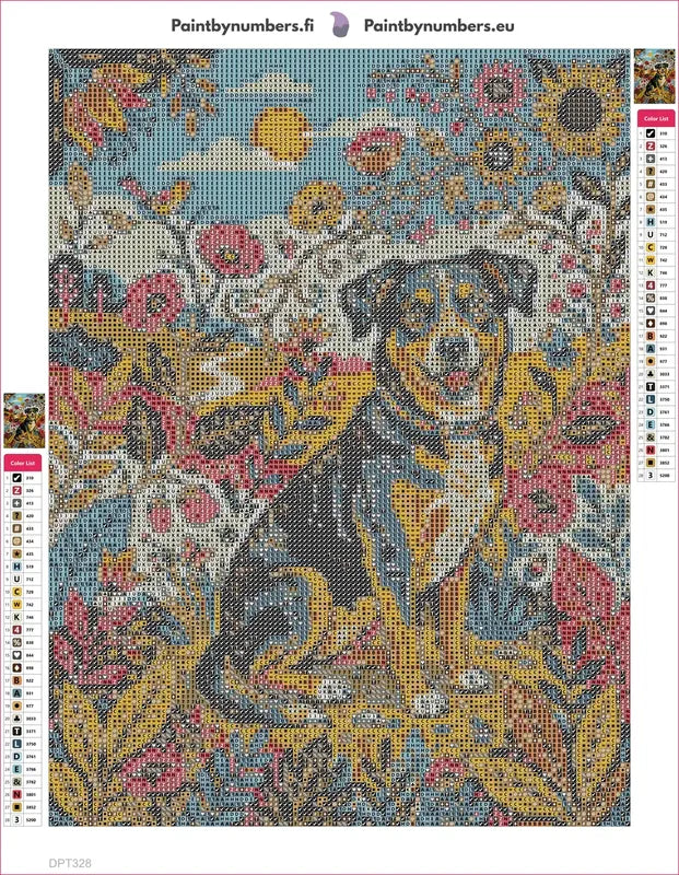 Diamond painting adhesive canvas preview - Smiling Dog, Wildflowers